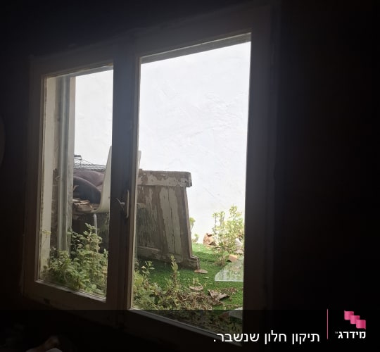 חלון עם צמחייה בחוץ ומבנה ישן
